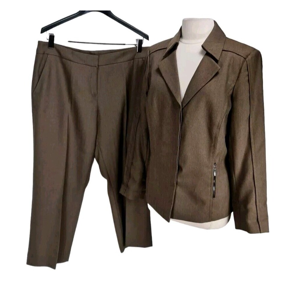 Emily Women Pantsuit Size 14 Brown Full Zip Blazer Straight Leg Pant 288A